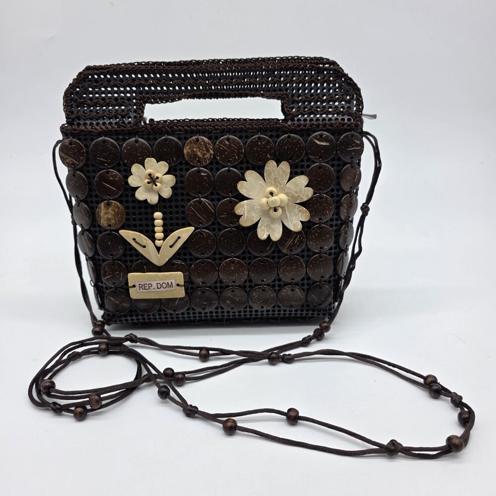 Boho Brown Wooden Beaded Purse‎ Handbag Bag Zip Dominican Republic DR Floral